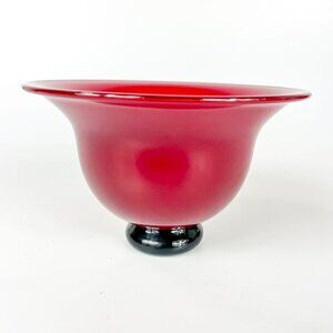 Donald Carlson Studio Art Glass Red Fluted Bowl With Black Foot base Signed